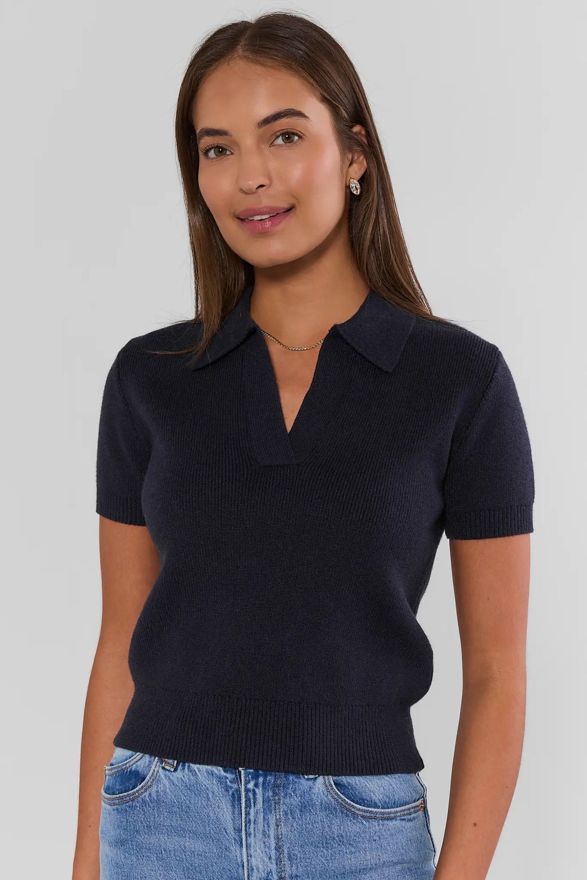 Navy Collared Knit Top with Light Wash Denim - Front View On Model | Avara