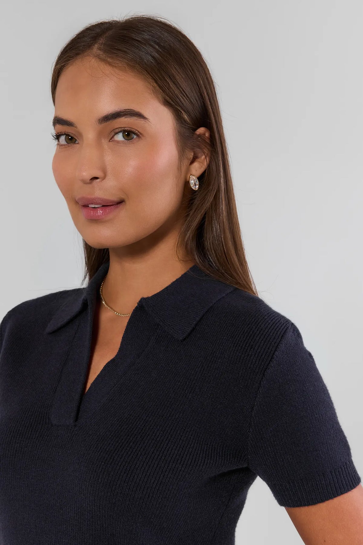 Navy Knit Top - Collar and V-Neckline Close-Up Detail | Avara