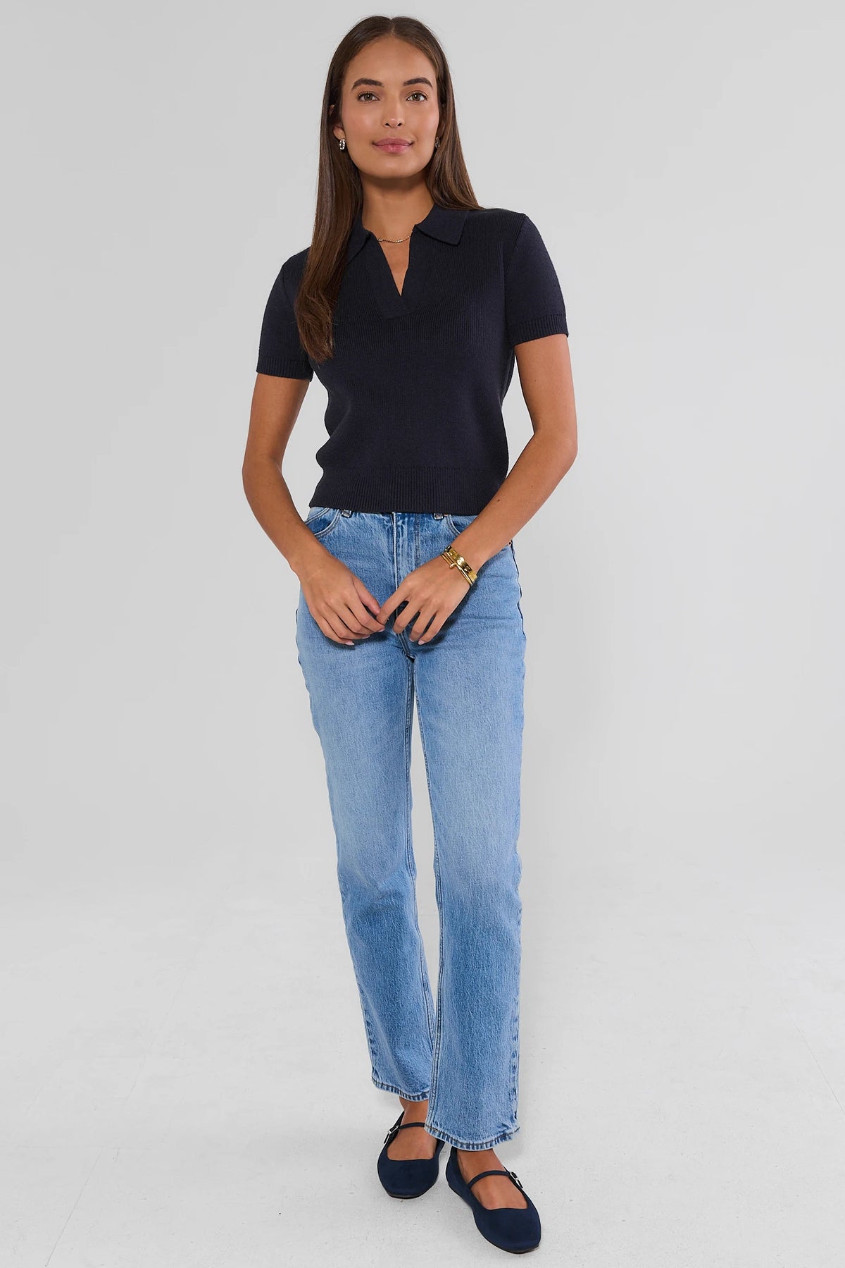 Navy Collared Knit Top Styled with Light Wash Jeans - Full Length Front View | Avara