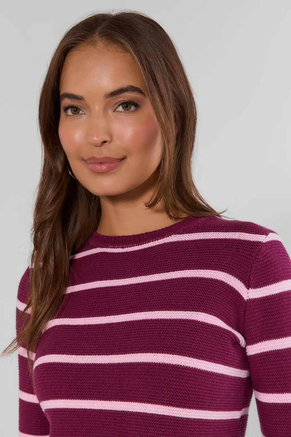 Burgundy Striped Sweater Crew Neckline Close-Up Detail - On Model | Avara