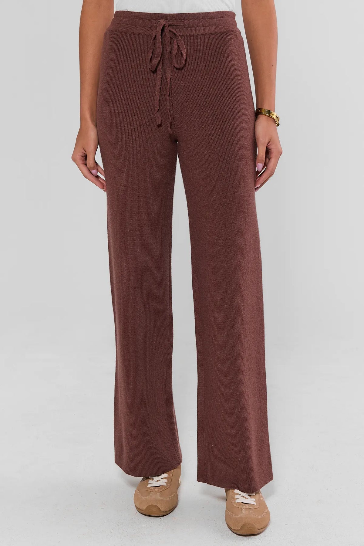 Brown Knit Lounge Pants - Front Waist Detail with Drawstring | Avara