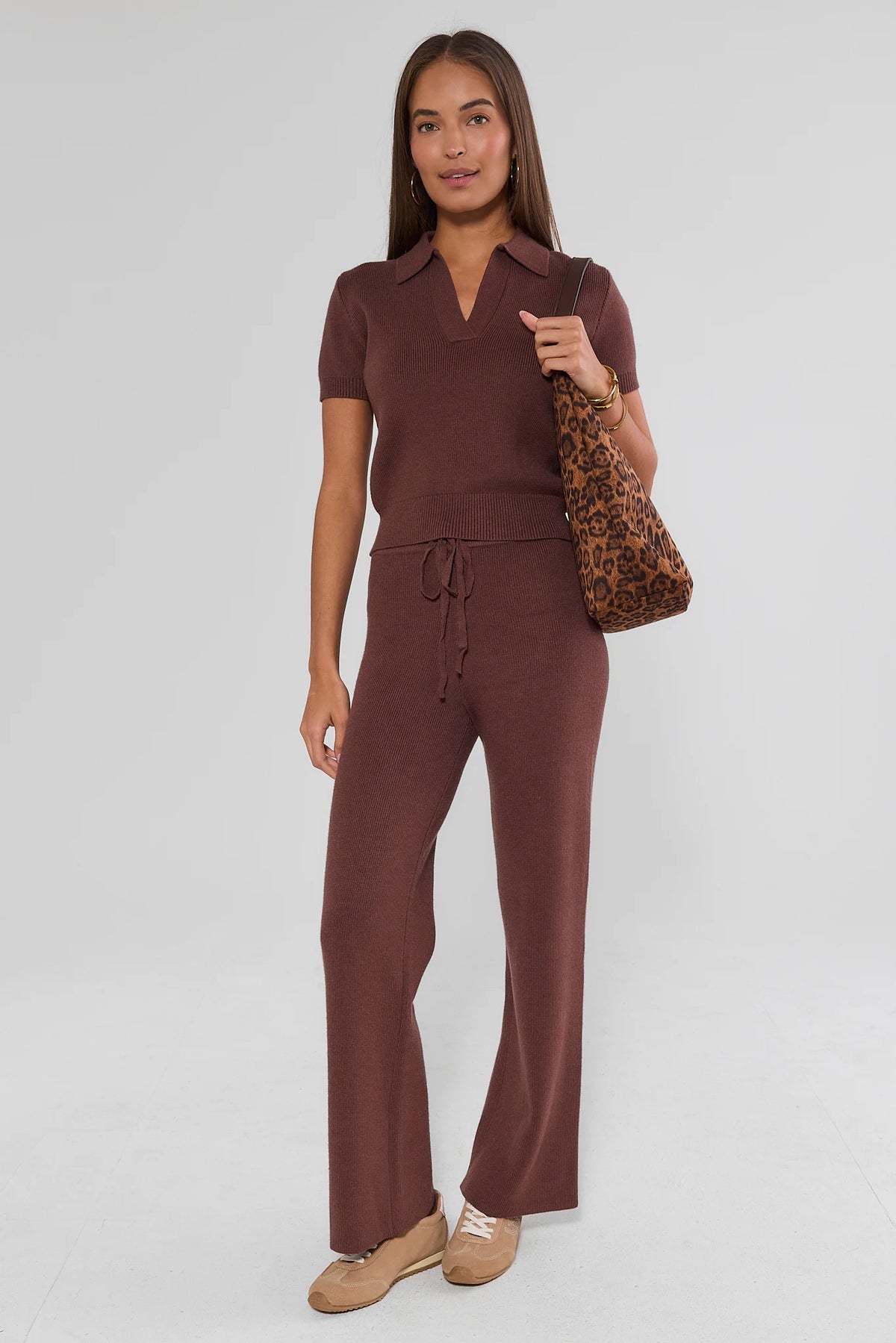Brown Knit Wide-Leg Lounge Pants - Full Length On Model with Matching Set | Avara