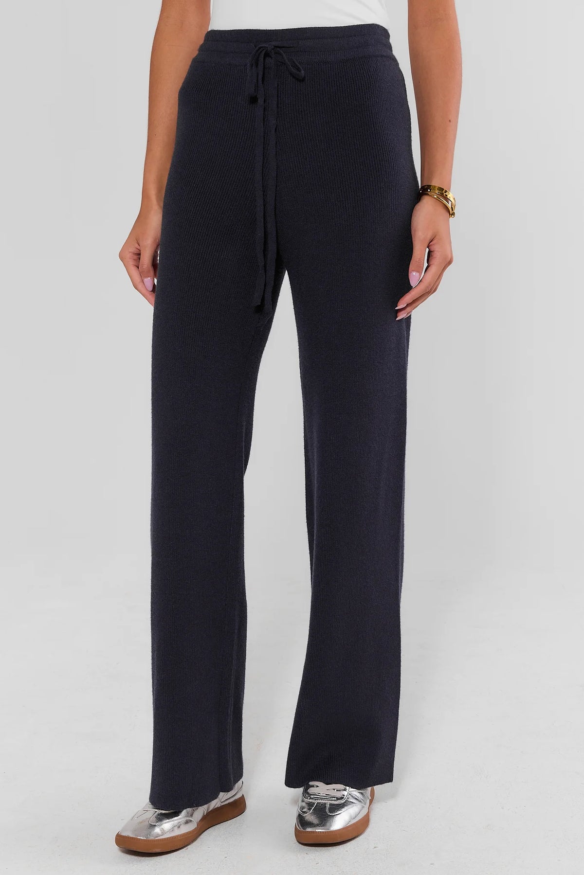 Navy Knit Wide-Leg Lounge Pants - Front View, Drawstring Waist | Avara