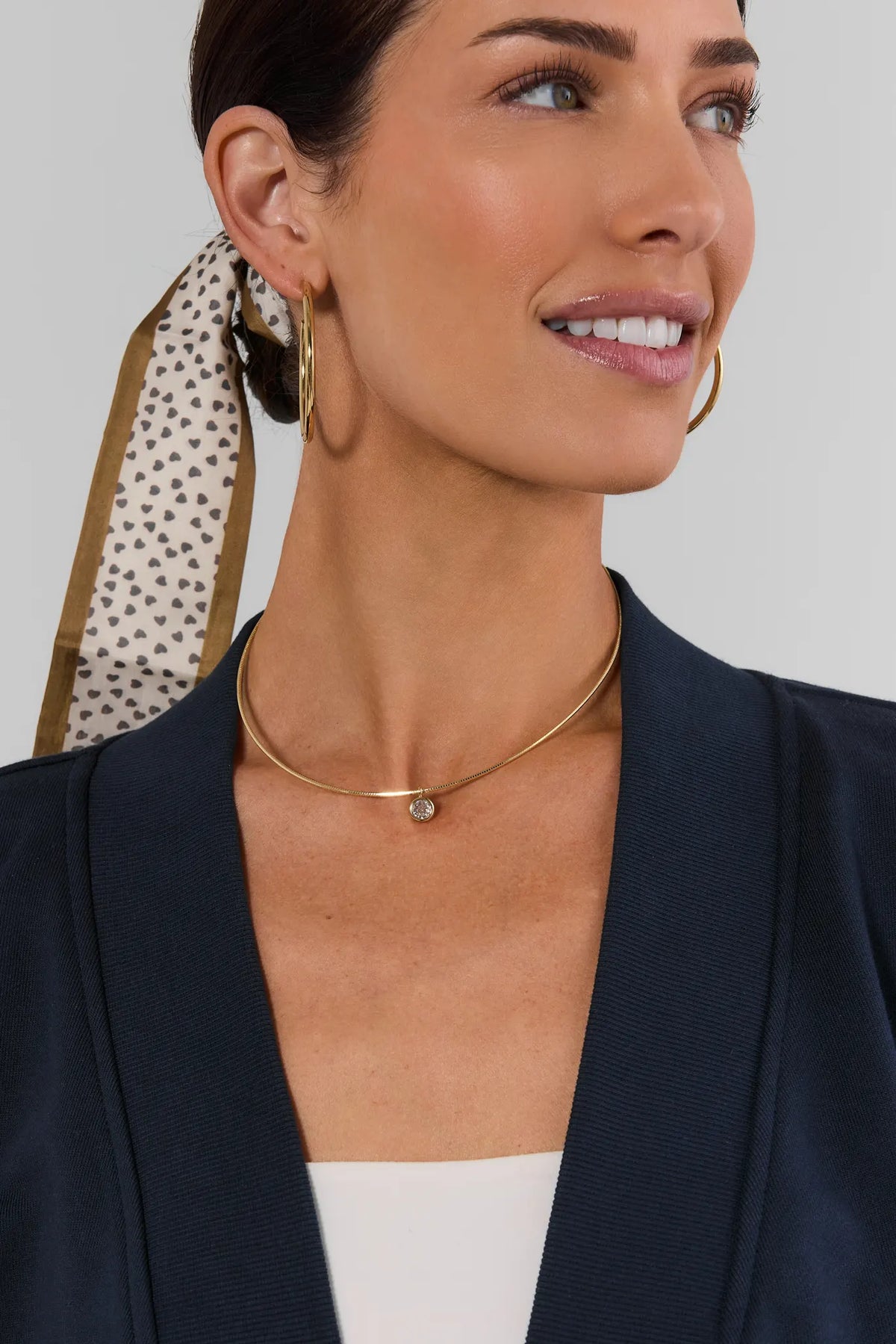Gold Rhinestone Charm Necklace - On Model with Navy Blazer, Sparkling Pendant | Avara