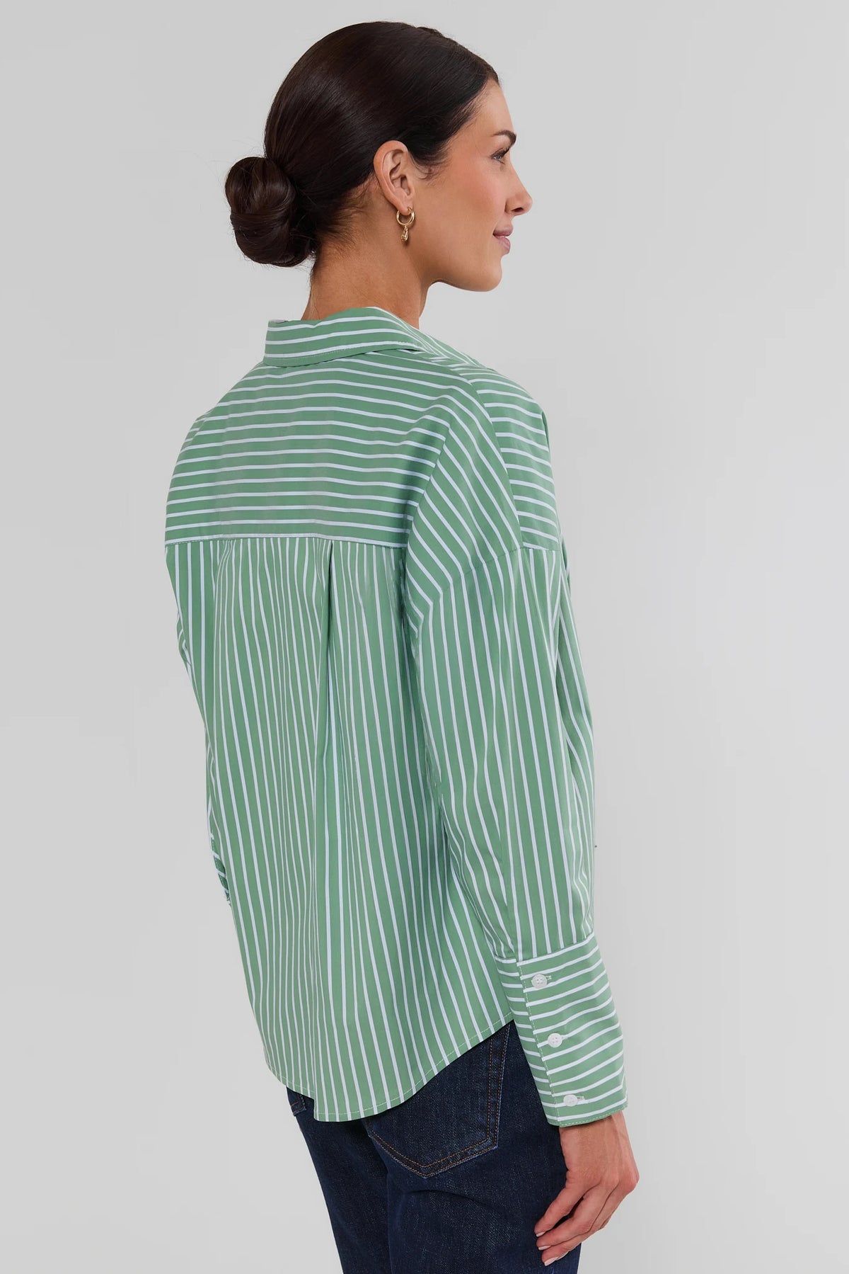 Green Striped Button-Up Top - Side Sleeve Cuff Detail, Cute Top for Women | Avara