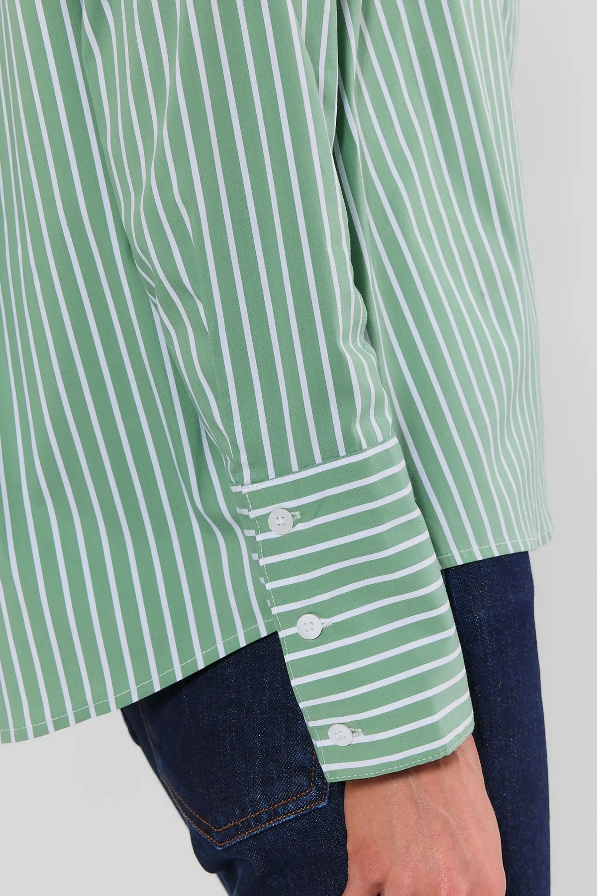 Green Striped Button-Up Top - Full Length Styled Look with Dark Jeans and Heels | Avara