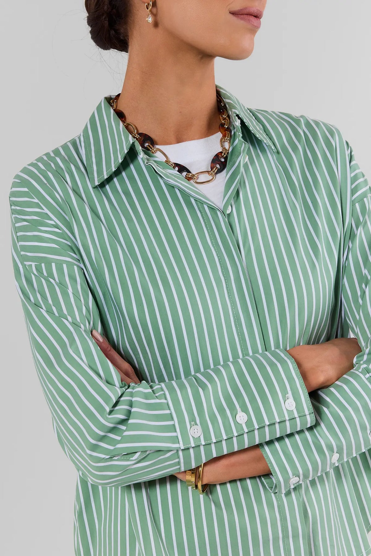 Green Striped Button-Up Top - Collar and Cuff Detail Close-Up | Avara