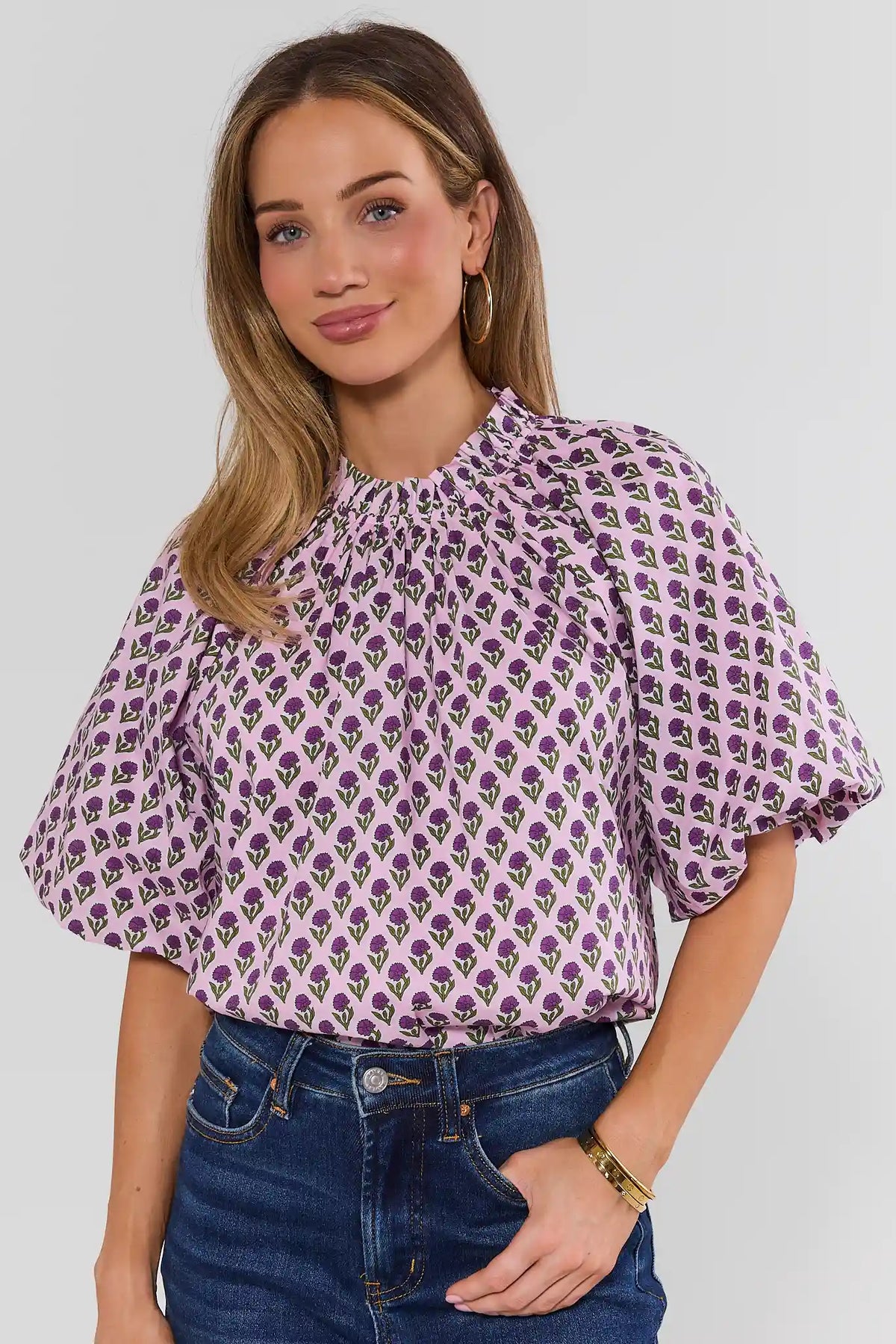 Purple Block Print Gathered Top - Front View On Model with Dark Wash Denim | Avara