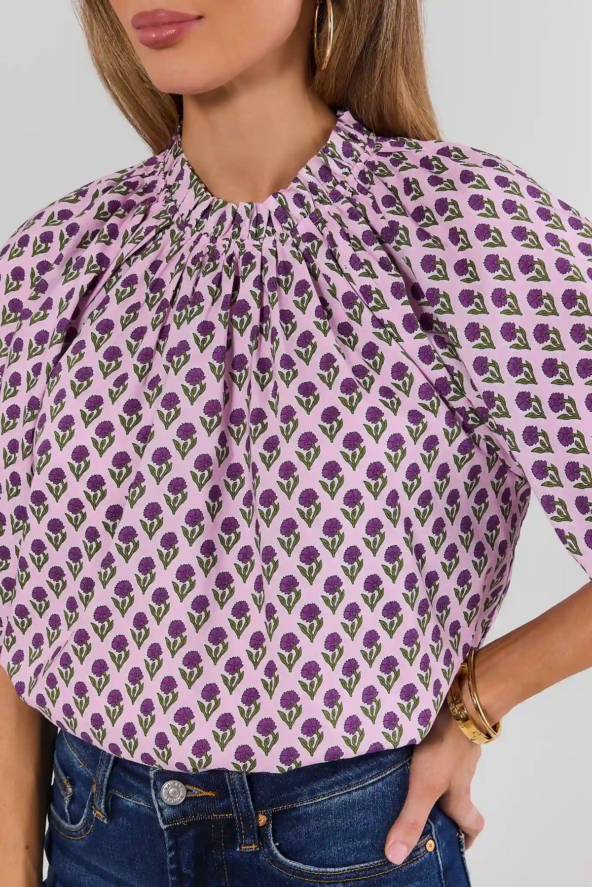 Purple Floral Block Print Gathered Top - Gathered Neckline Close-Up Detail | Avara