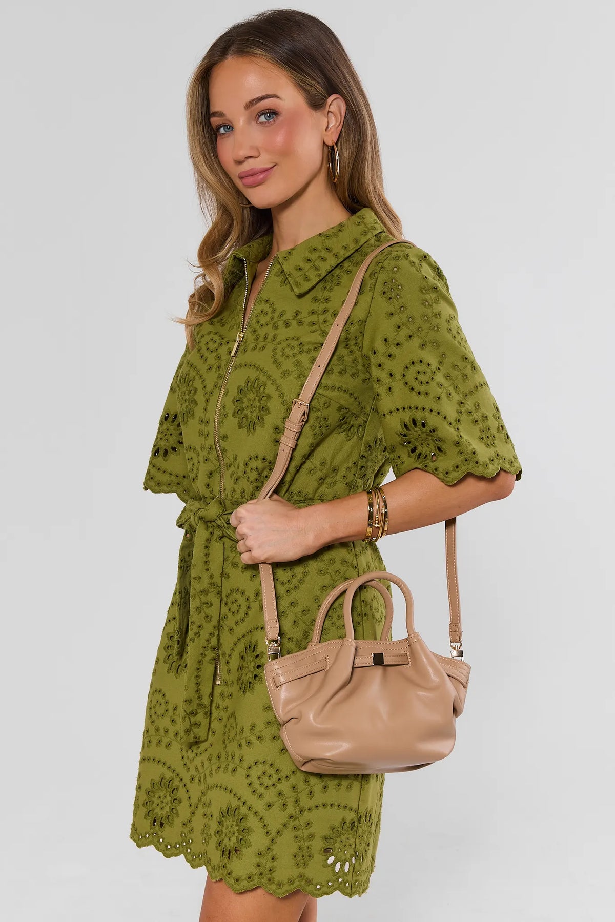 Tan Slouchy Crossbody Bag Worn On Model as Crossbody - Side Styled Look | Avara