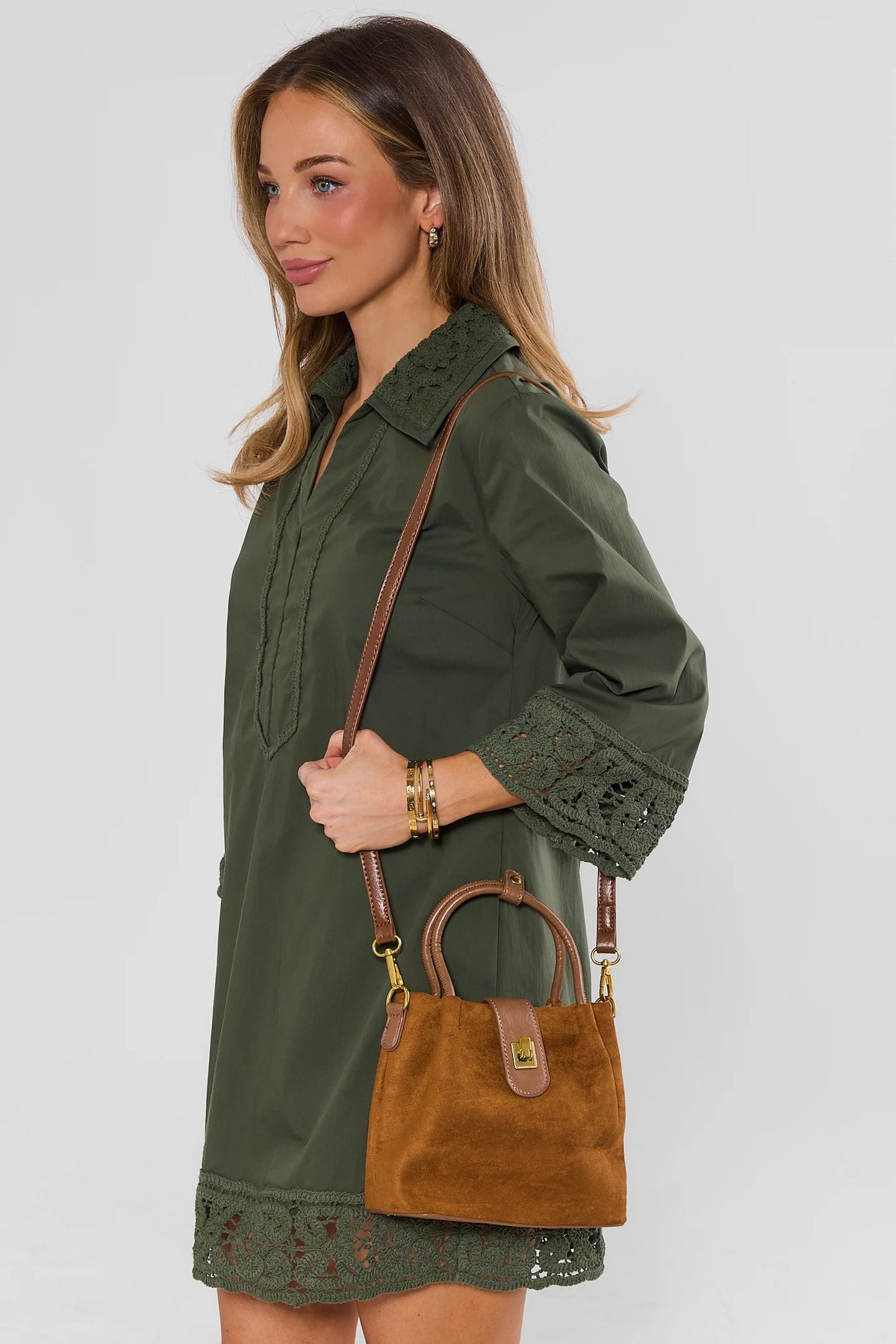 Camel Faux Suede Bucket Bag Styled On Model as Crossbody - Side View | Avara