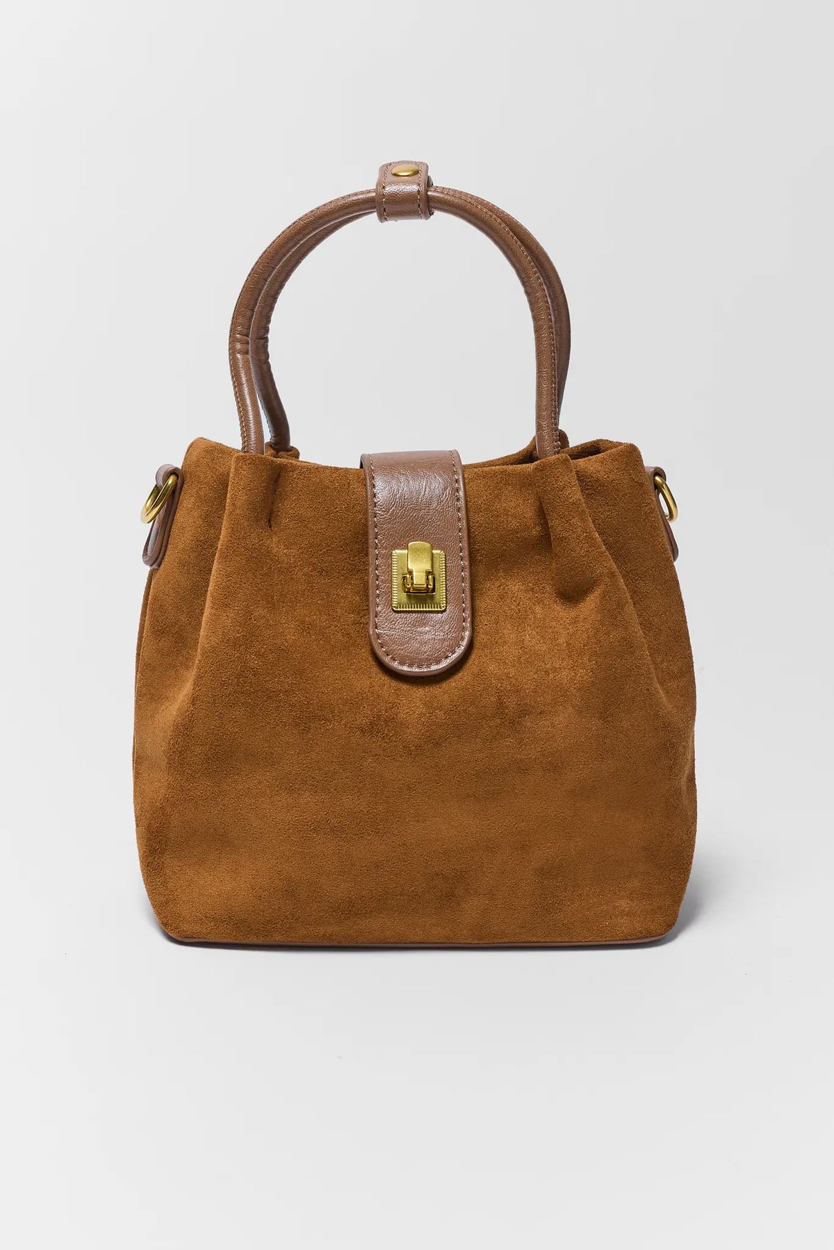 Camel Faux Suede Bucket Bag - Front View | Avara