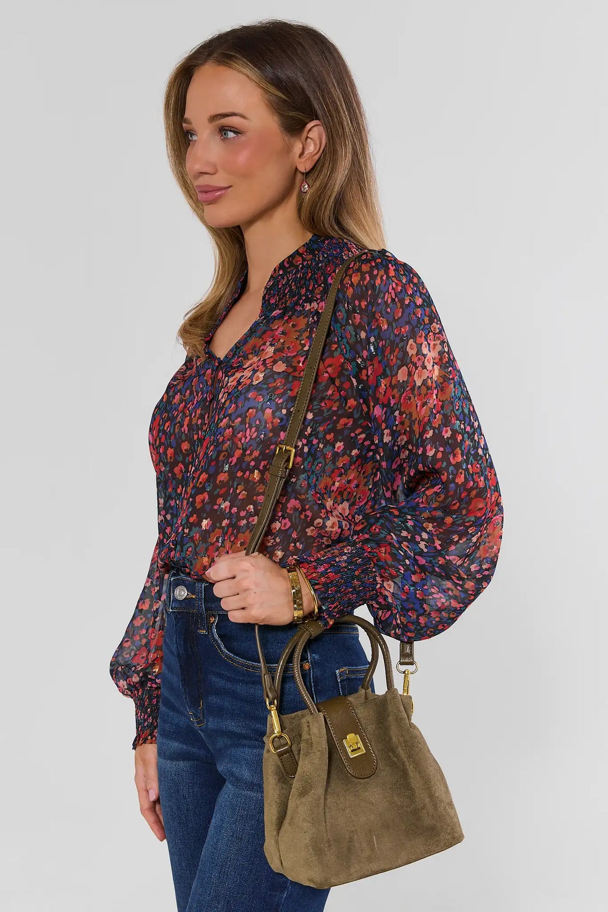 Olive Green Faux Suede Bucket Bag Worn as Crossbody - On Model Styled Look | Avara