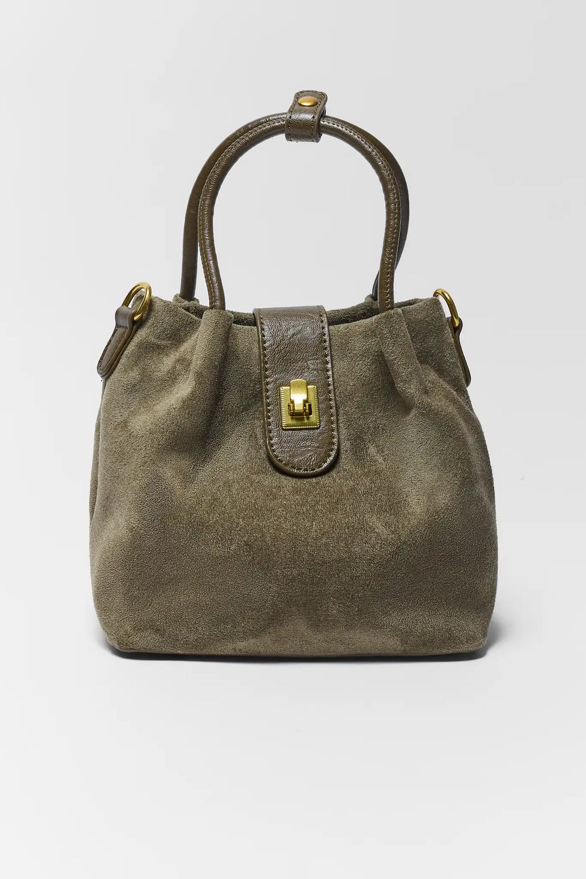 Olive Green Faux Suede Bucket Bag - Front View with Gold Hardware | Avara