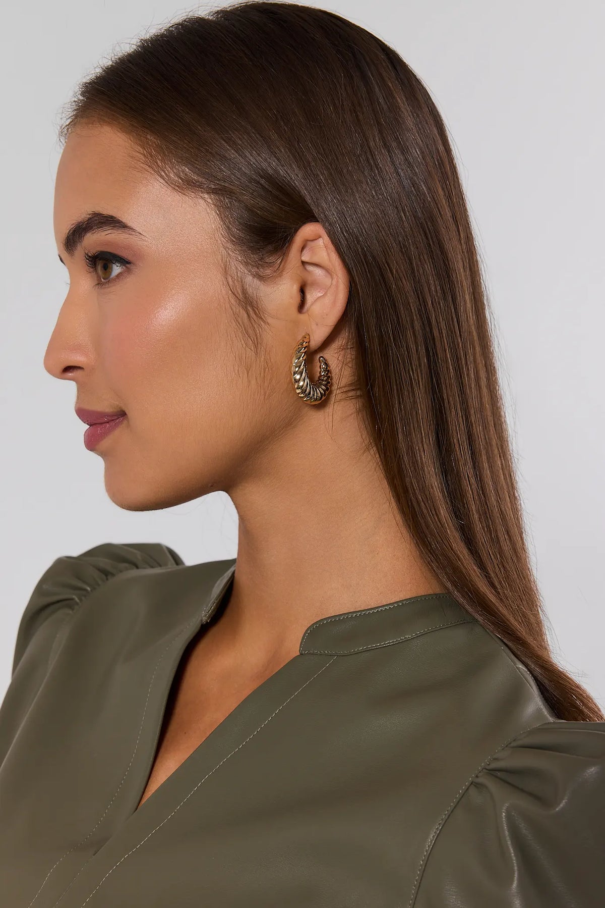 Gold Textured Hoop Earrings On Model - Side Profile View | Avara