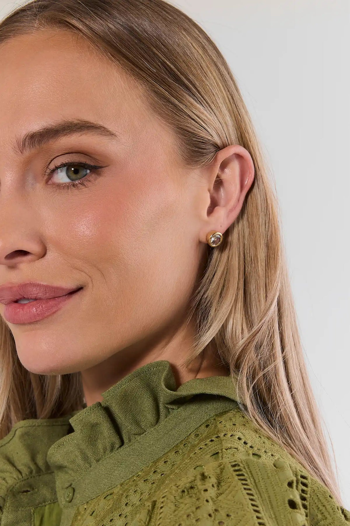 Gold Rhinestone Bezel Stud Earrings - On Model Close-Up | Avara