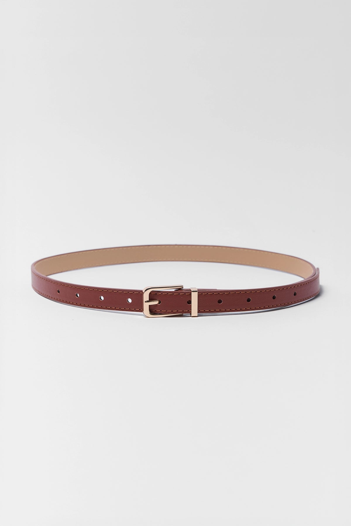 Brown Faux Leather Skinny Belt with Gold Square Buckle - Flat Lay | Avara