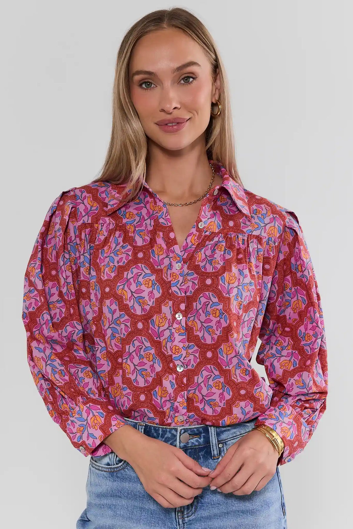 Pink Floral Long Sleeve Button-Front Top - Front View On Model | Avara