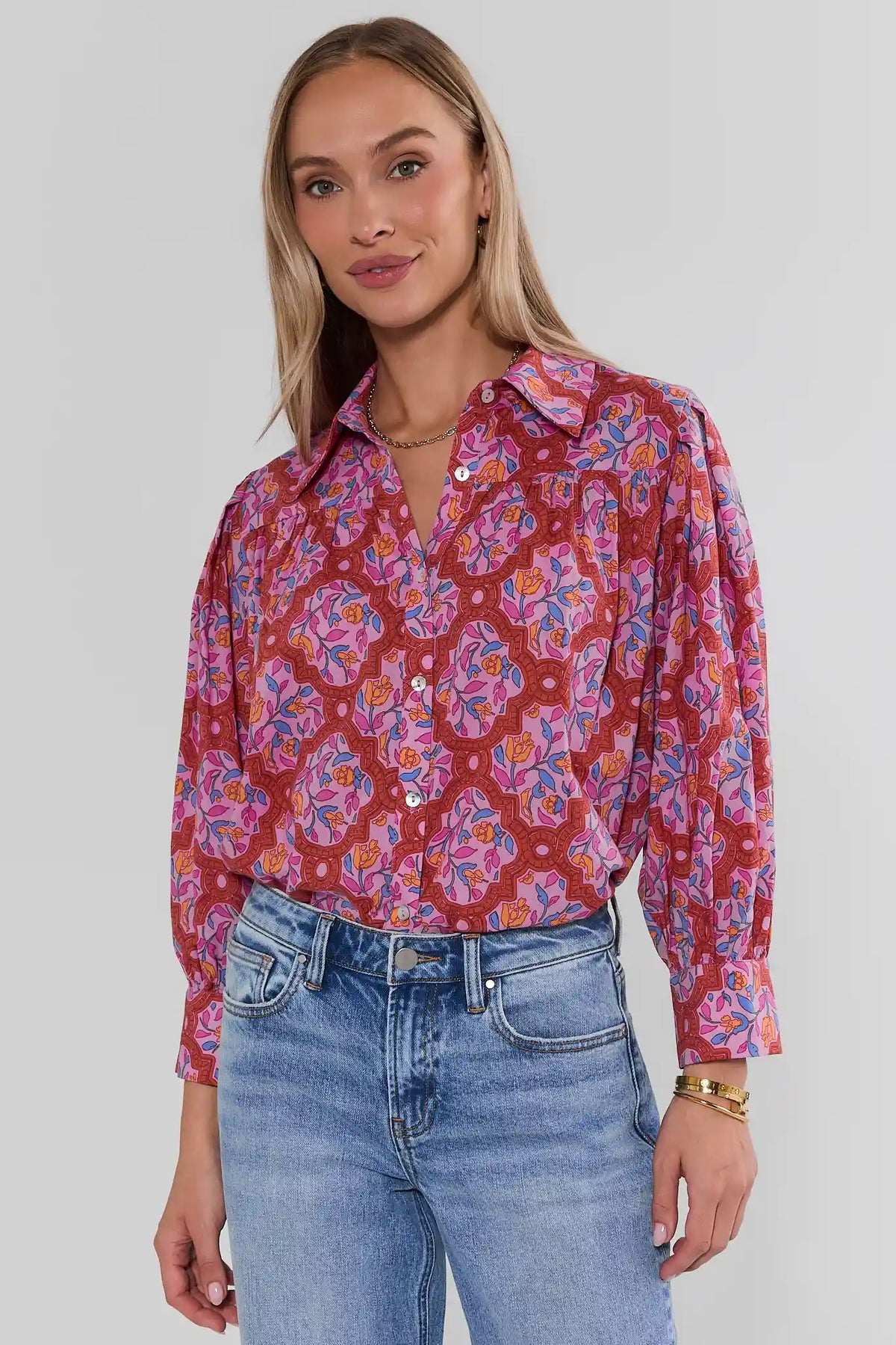 Pink Floral Cotton Top - Three-Quarter Front View with Jeans | Avara