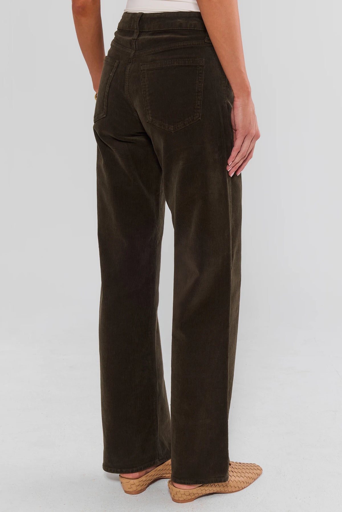 Olive Corduroy Wide-Leg Pants - Back View with Pocket Detail | Avara