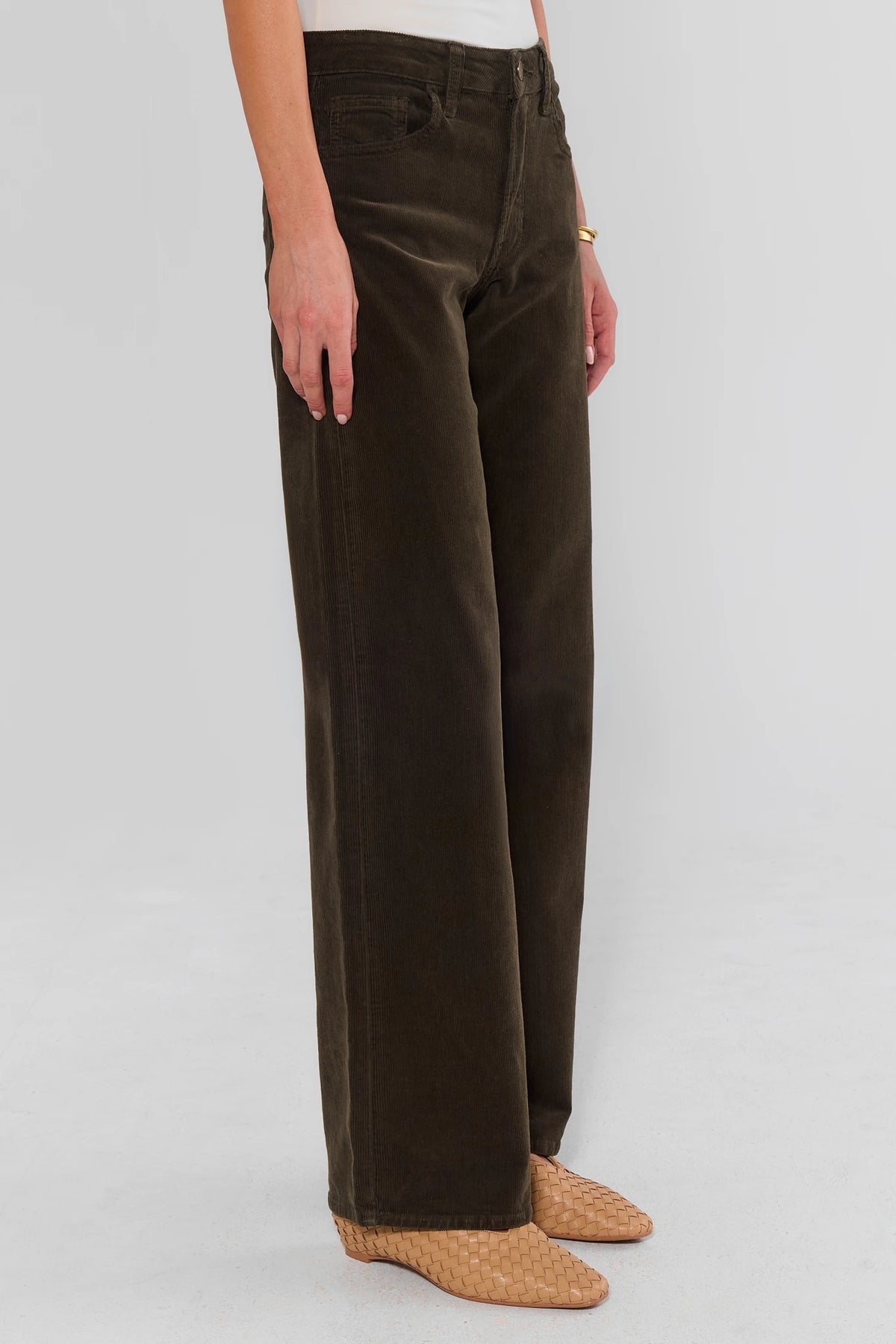 Olive Corduroy Wide-Leg Pants - Side Profile On Model | Avara