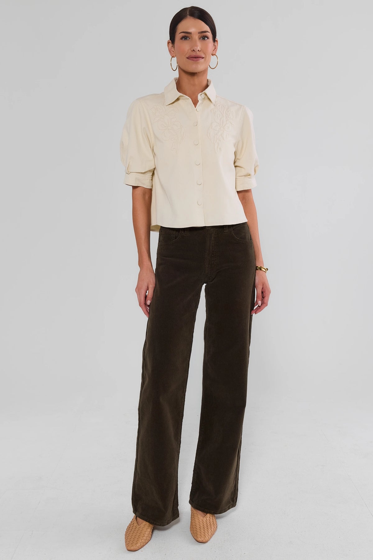 Olive Corduroy Wide-Leg Pants - Full Length Front Styled Look | Avara