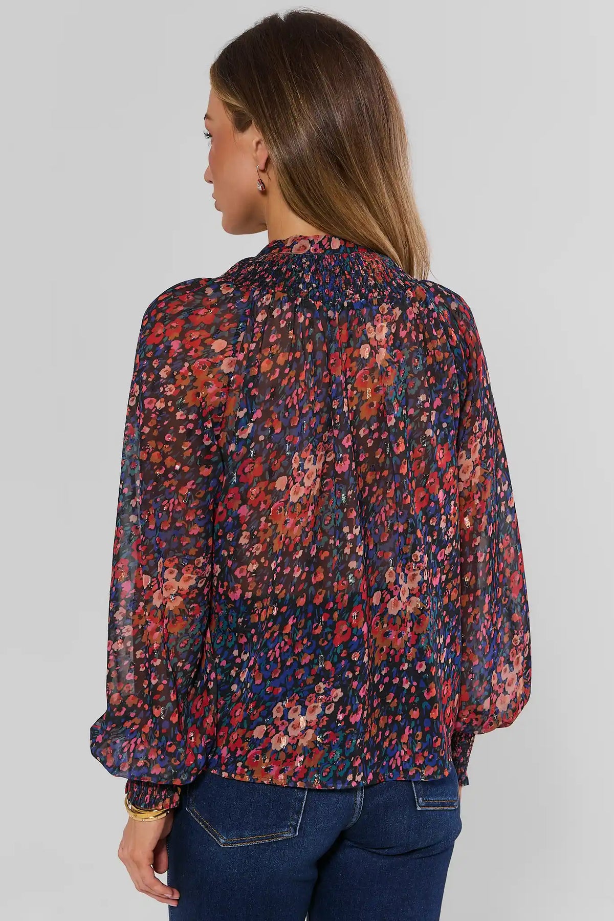 Multi Floral Print Semi-Sheer Relaxed Button-Up Top - Back View On Model | Avara