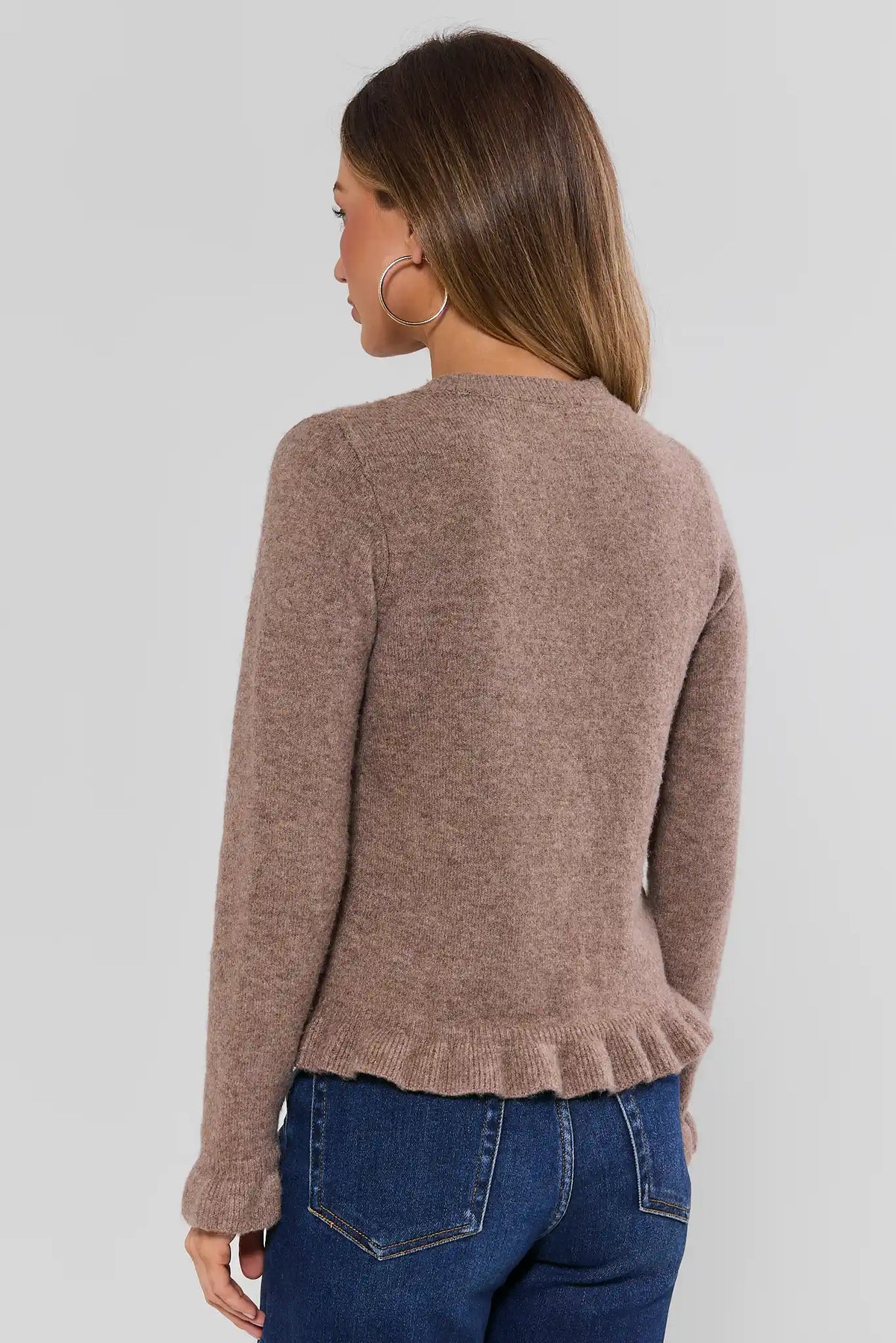 Brown Knit Scalloped Cardigan - Back View Ruffle Hem Detail | Avara