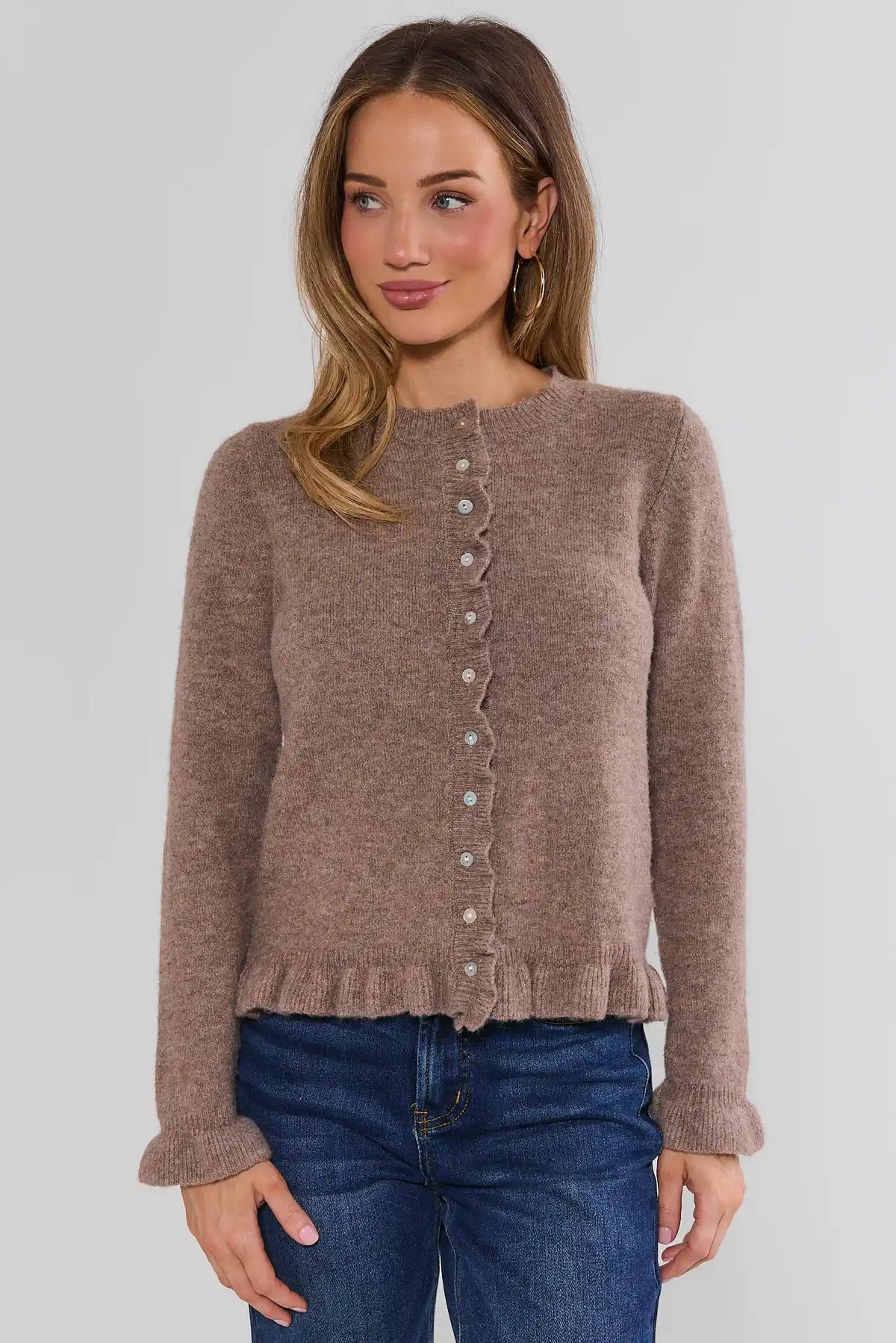 Brown Scalloped Cardigan - Front View On Model with Jeans | Avara