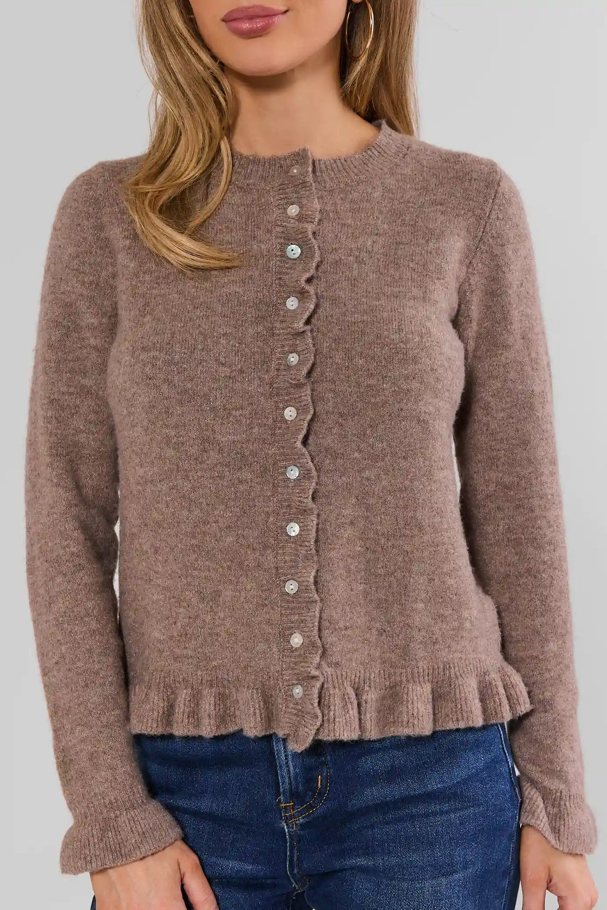 Brown Ruffle Trim Cardigan Close-Up - Button Front Detail | Avara