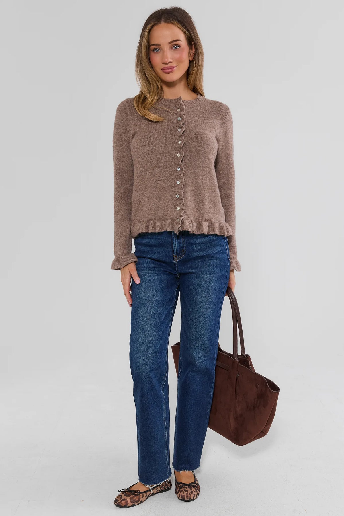 Brown Scalloped Cardigan - Full Body Styled Look with Tote Bag | Avara