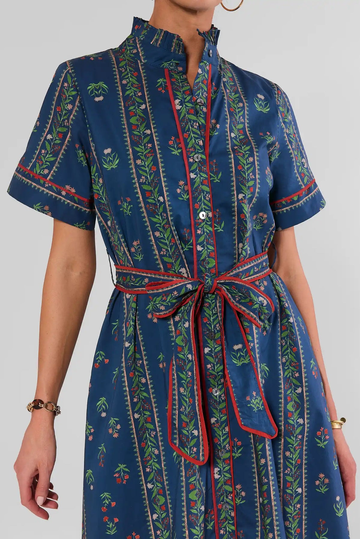 Navy Printed Midi Dress - Self-Tie Belt & Ruffle Collar Close-Up | Avara
