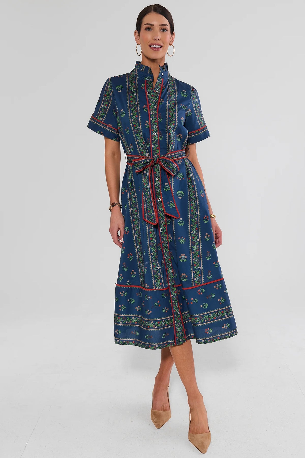 Navy Printed Modest Midi Dress - Full Front View A-Line Silhouette | Avara