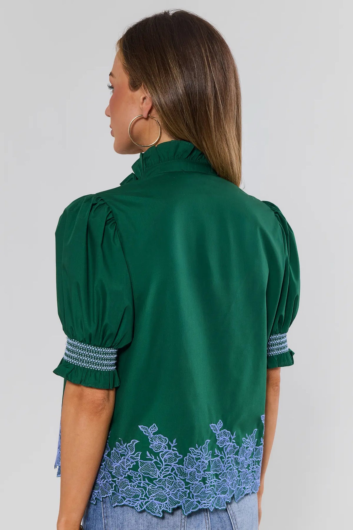 Green Floral Embroidered Ruffle Collar Top - Back View On Model | Avara