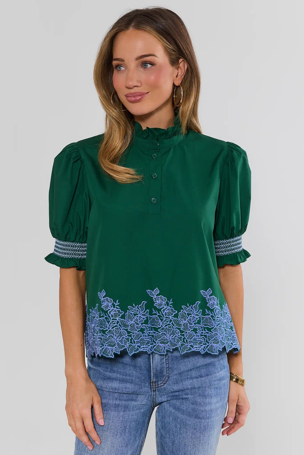 Green Cotton Puff Sleeve Embroidered Top - Front View On Model | Avara