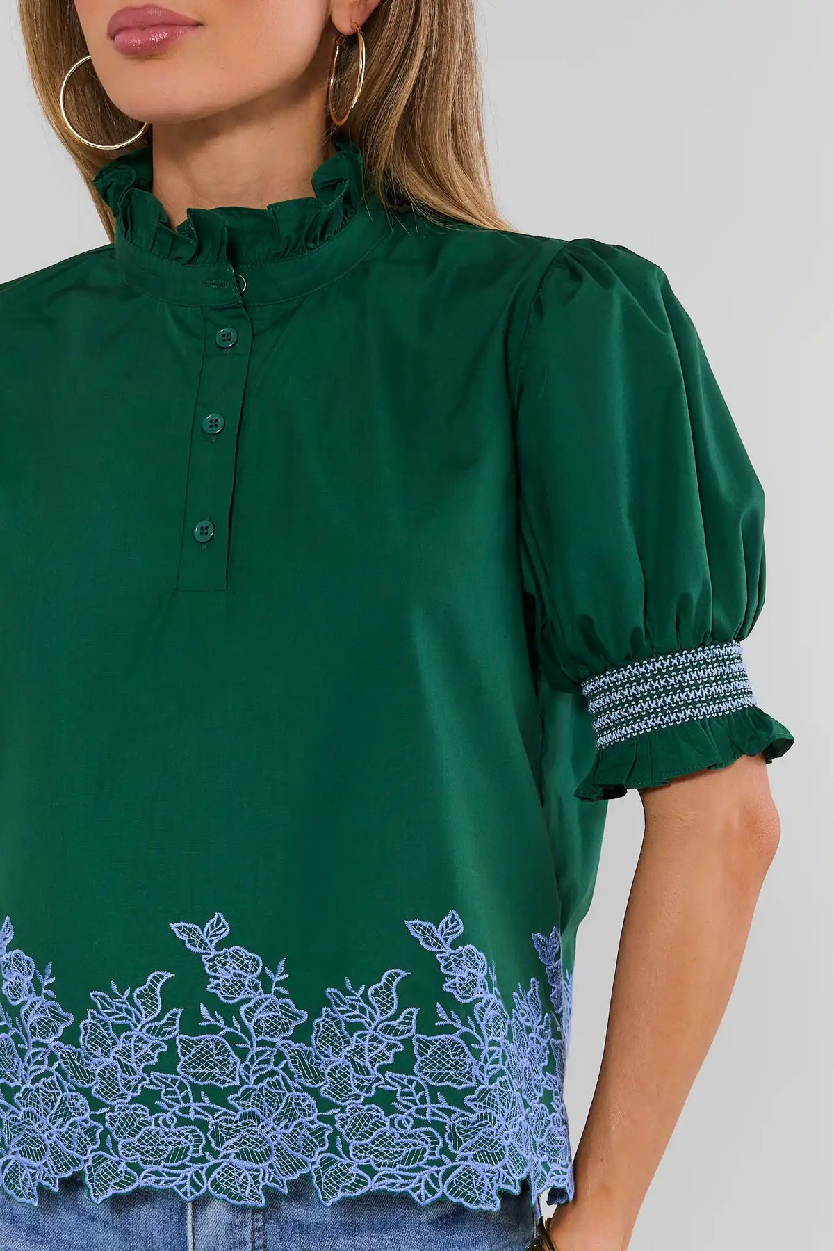 Green Floral Lace Hem Embroidered Top - Close-Up Detail, Puff Sleeve & Collar | Avara