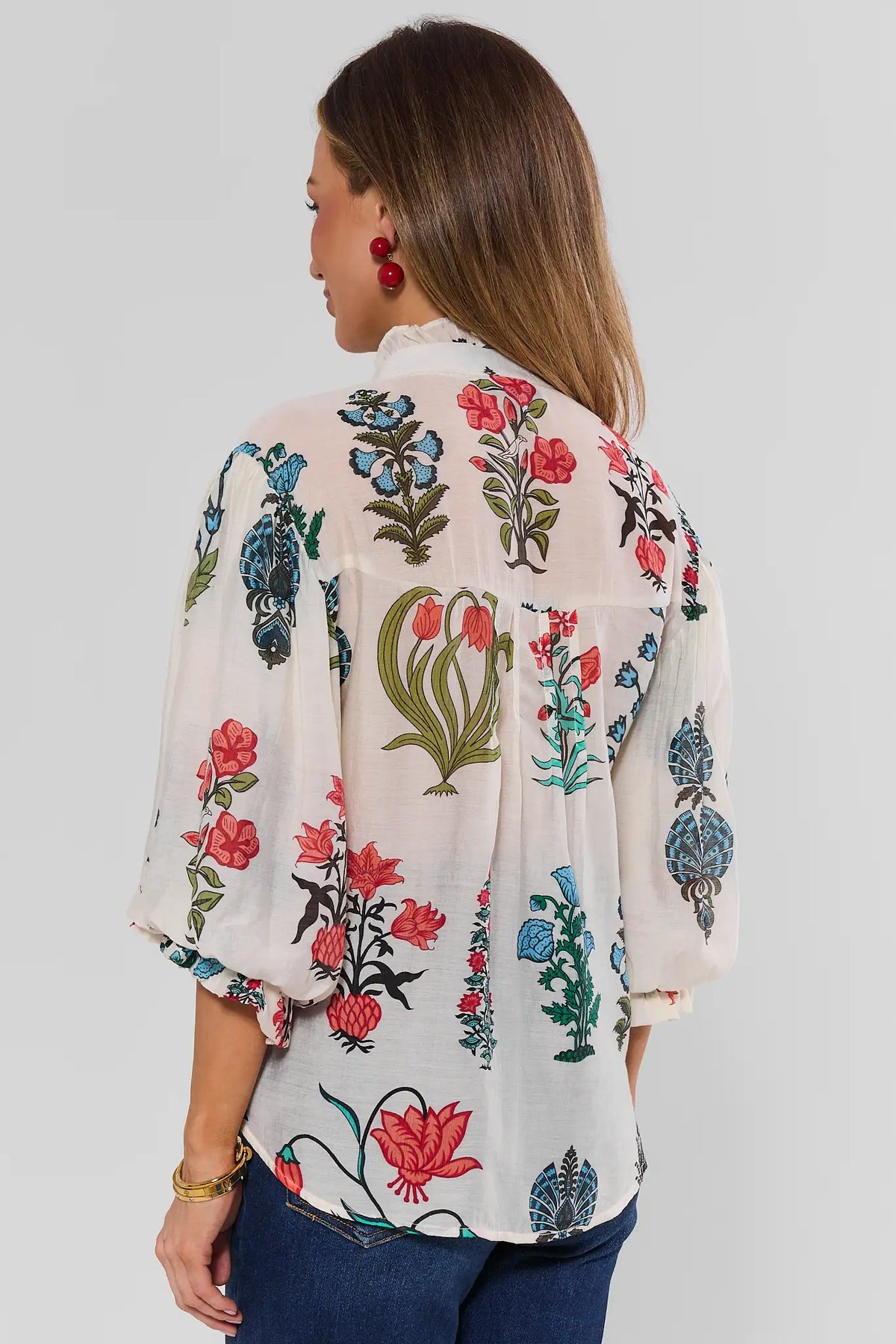 White Floral Modest Blouse with Balloon Sleeves - Back View On Model | Avara