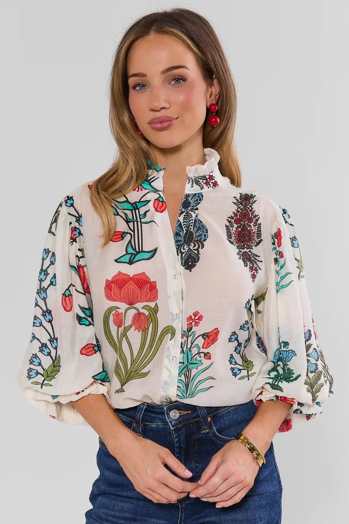 White Floral Print Blouse with Ruffle Neckline - Front View On Model | Avara