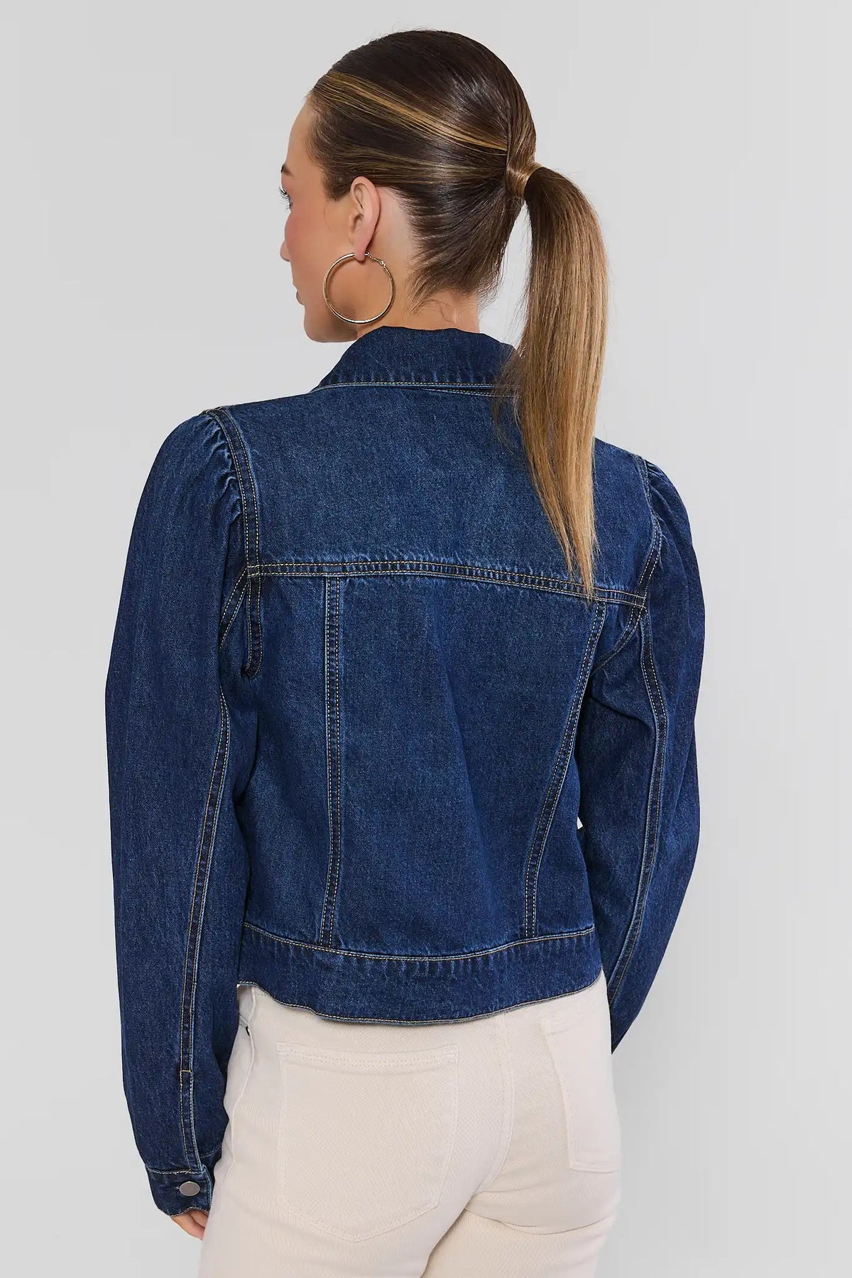 Roxanna Dark Wash Denim Jacket - Back View Puff Shoulder Detail, Women's Jean Jacket | Avara