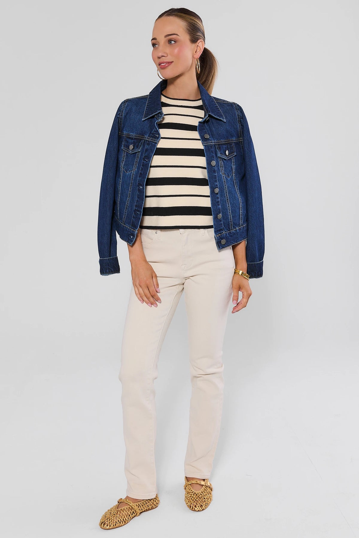 Roxanna Dark Wash Women's Denim Jacket - Full Length Front View Styled with Cream Pants | Avara