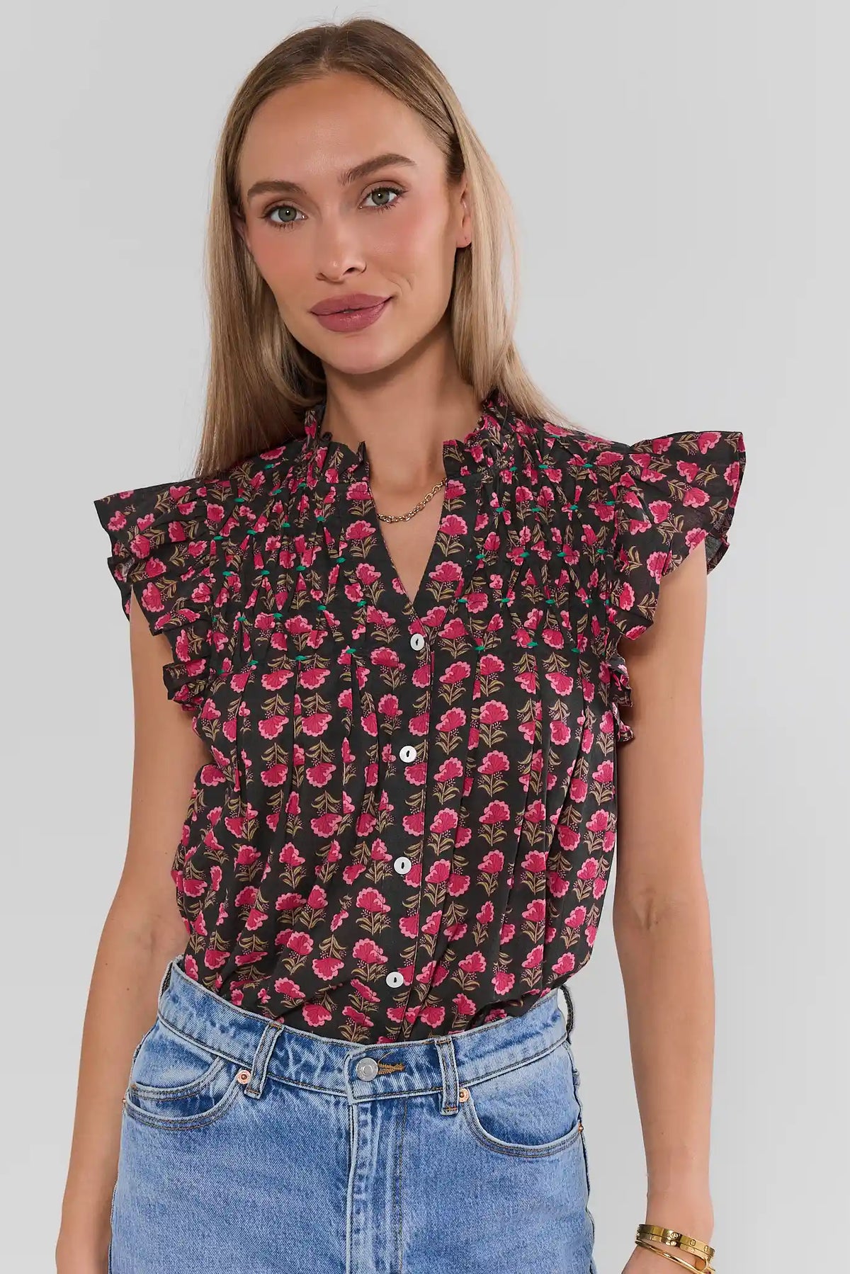 Brown Floral Print Button-Up Top with Flutter Sleeves - Front View On Model | Avara