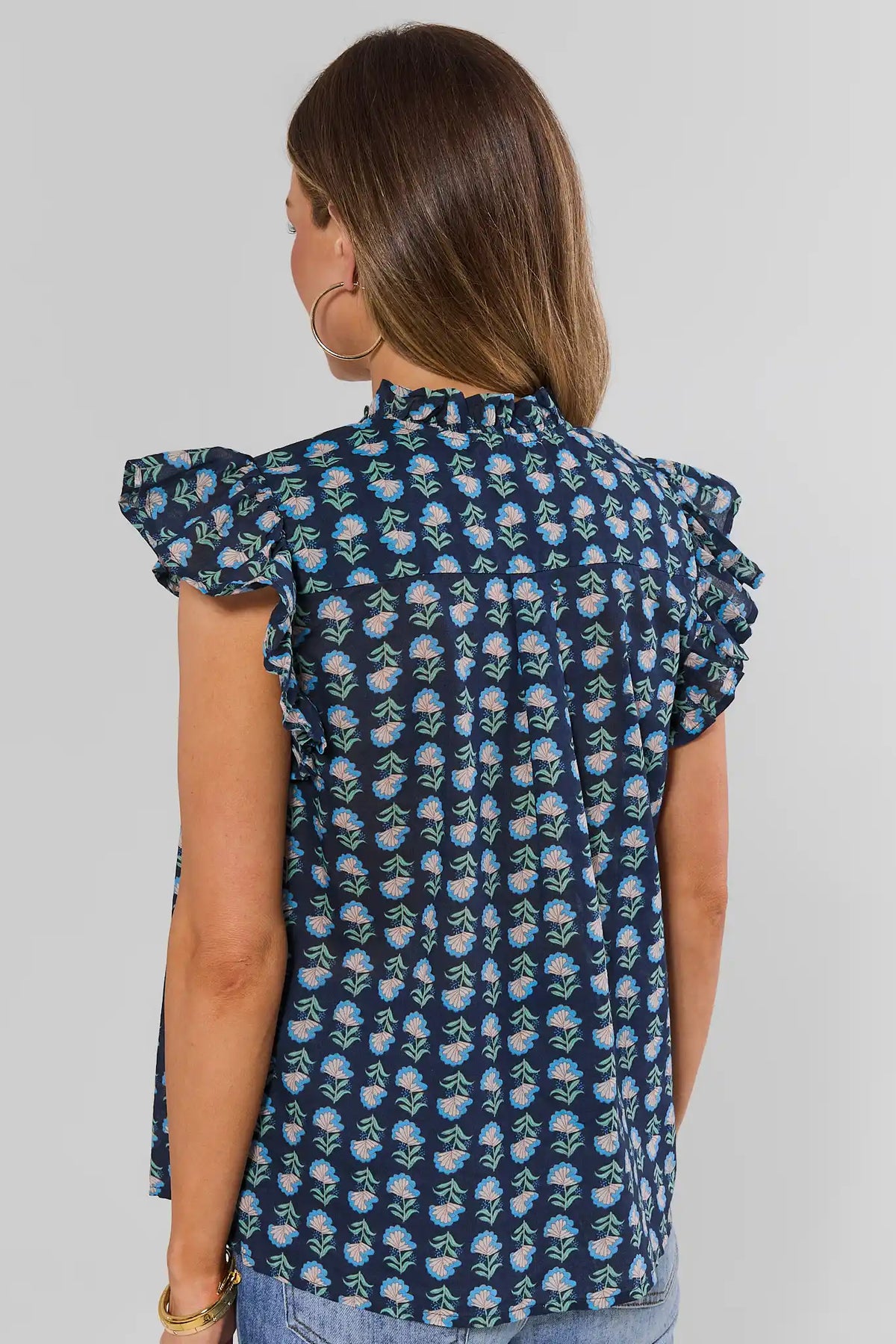Navy Floral Print Button-Up Top by THML - Back View with Flutter Sleeve Detail | Avara