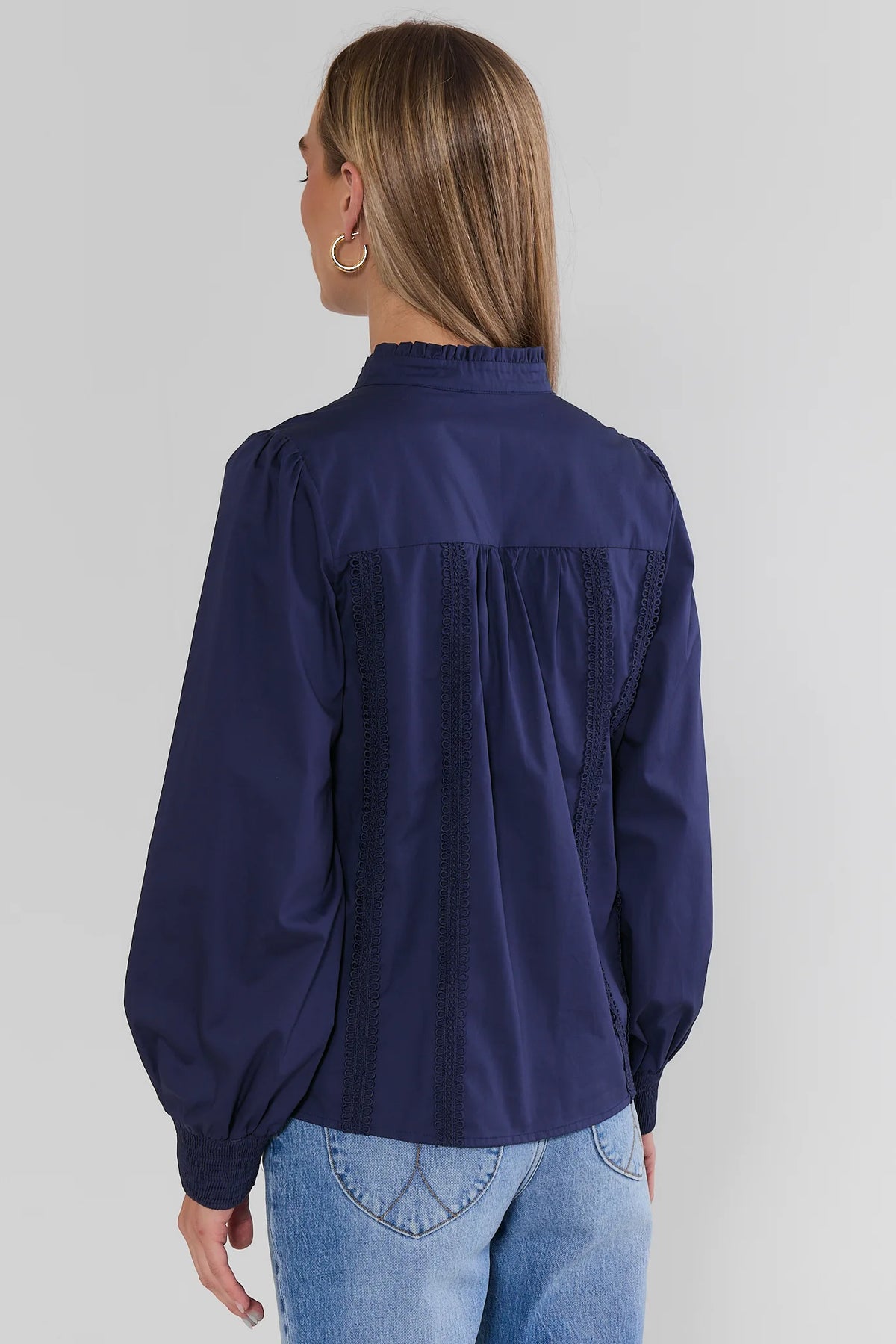 Navy Long Sleeve Button-Up Top with Lace Back Detail - Back View | Avara