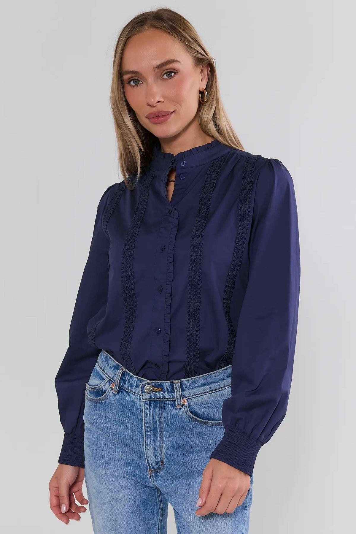 Navy Cotton Button-Up Top with Lace Trim - Front View On Model | Avara