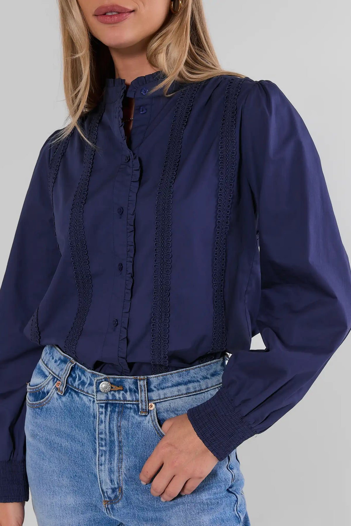 Navy Ruffle Neck Button-Up Top - Lace Trim Close-Up Detail | Avara