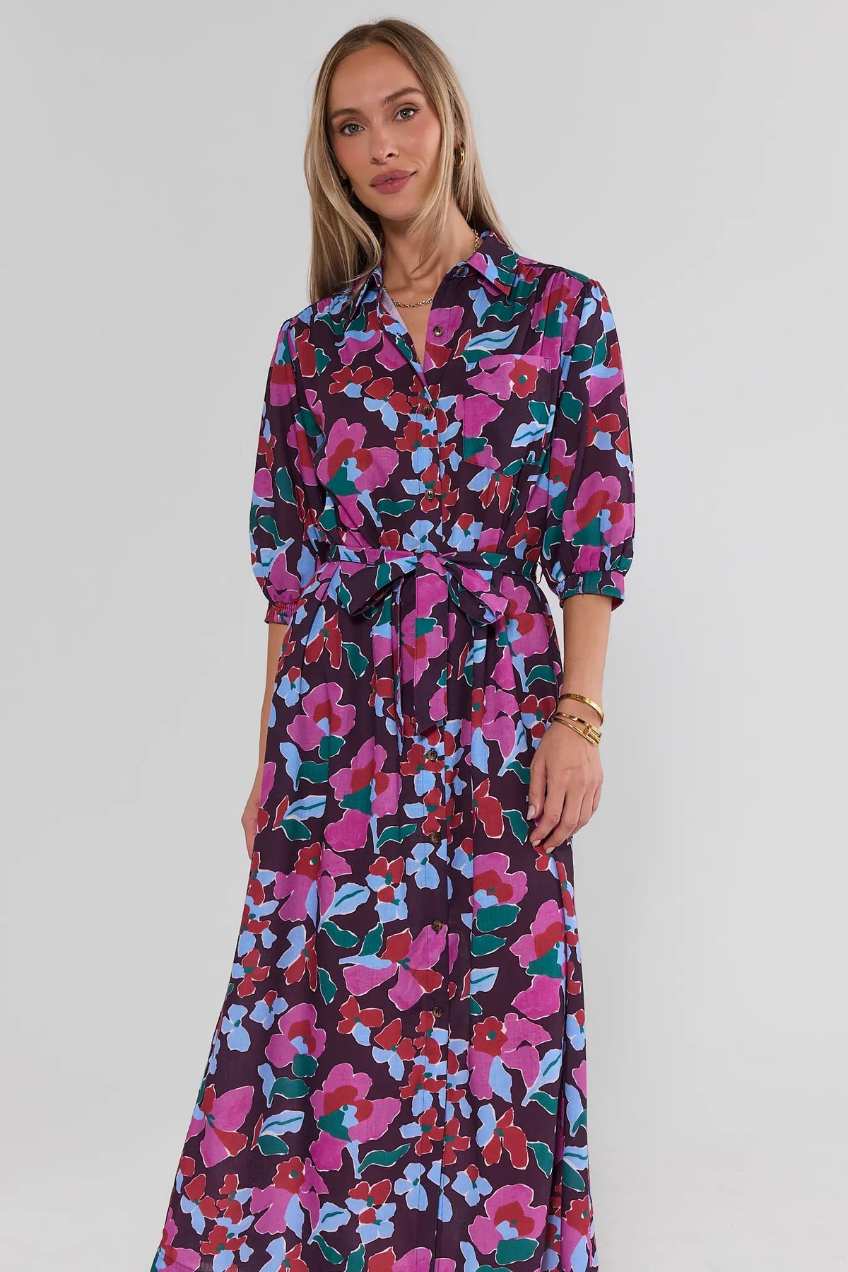 Serena Multi Printed Maxi Dress - Front Three-Quarter View, Collared Neckline & Button-Front Detail | Avara