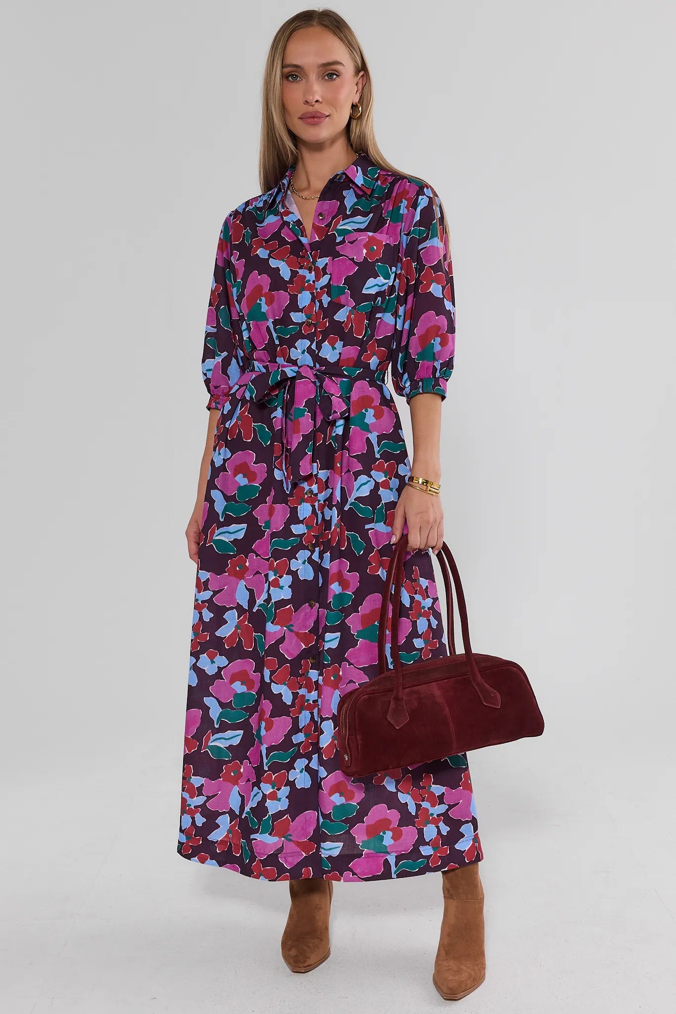 Serena Multi Printed Modest Maxi Dress - Full-Length Front View Styled with Burgundy Bag & Boots | Avara