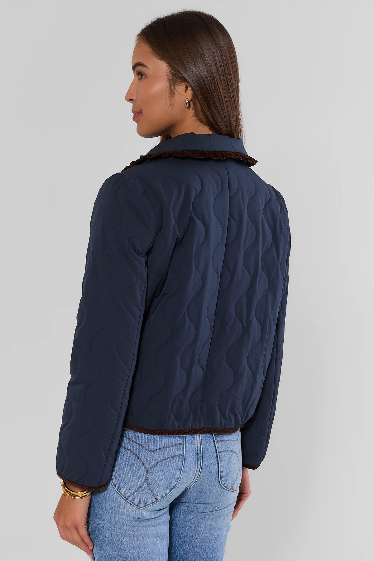 Navy Quilted Button Up Jacket - Back View Quilted Texture Detail | Avara