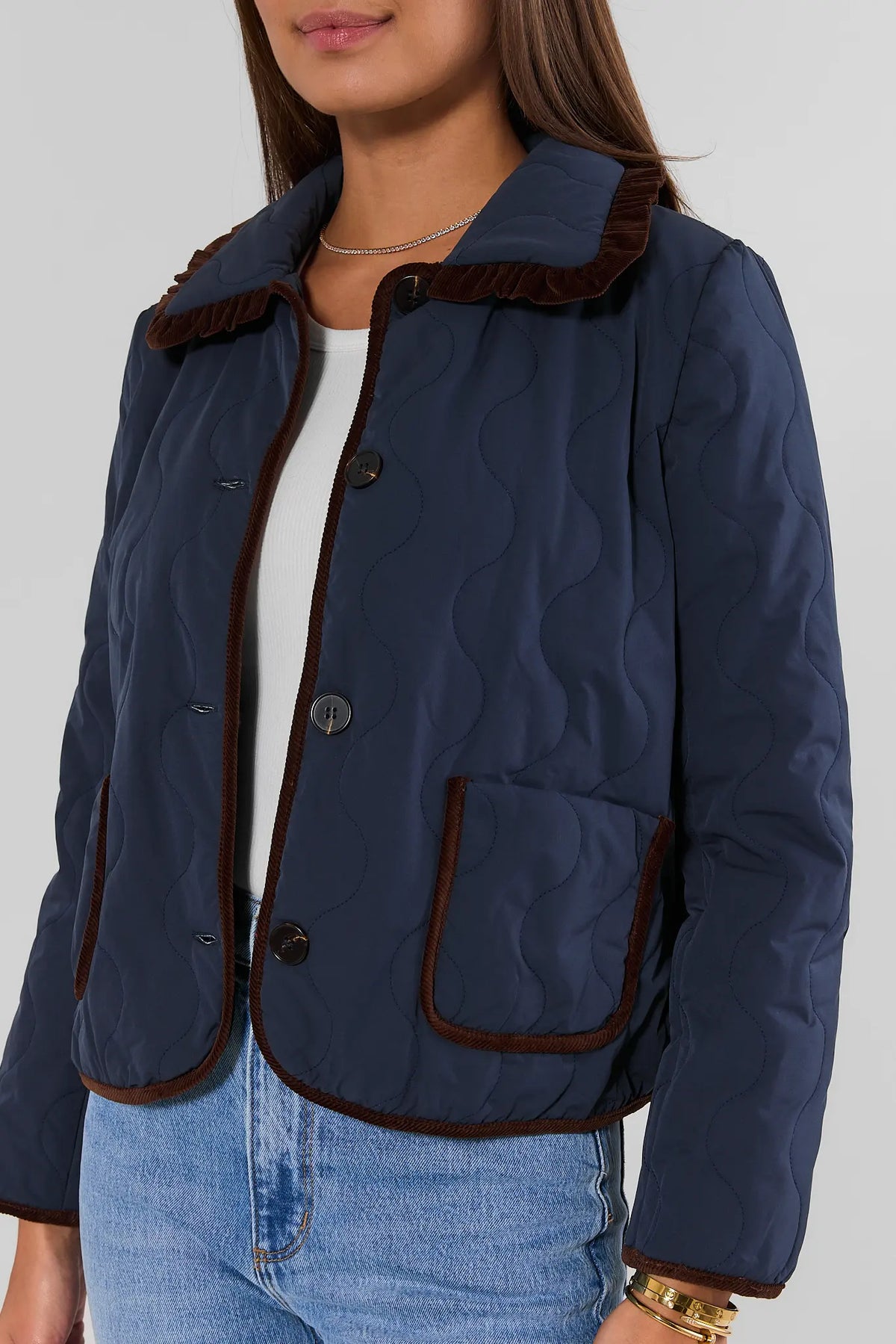 Navy Quilted Button Up Jacket - Close-Up Front Detail with Brown Trim | Avara