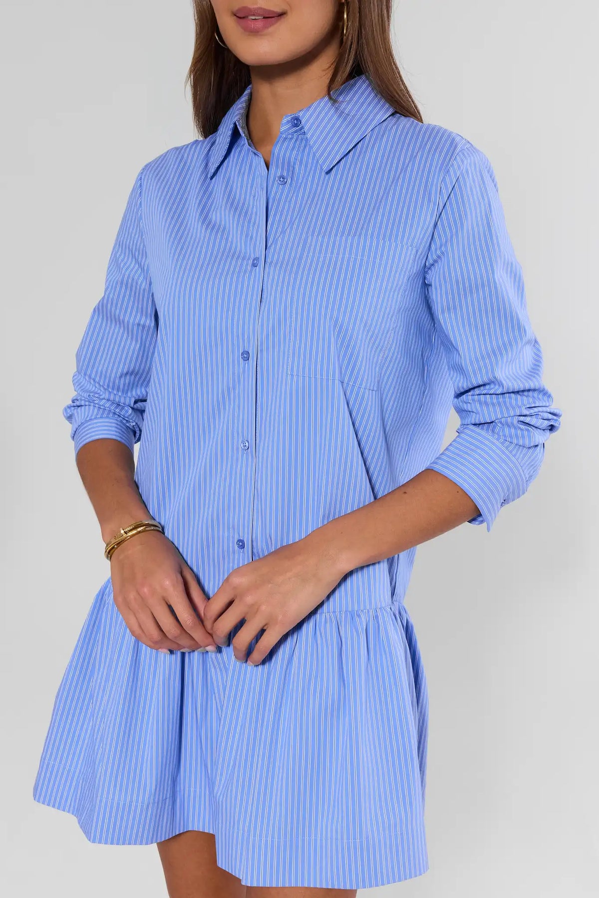 Blue Striped Cotton Short Dress Close-Up, Spread Collar & Button Front | Avara